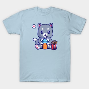 Cute Cat Drink Soda And Eating French Fries Cartoon T-Shirt